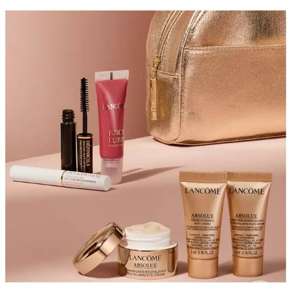 Lancome Absolue Beauty Gift Set-Gold Pouch,Eye Cream,Serum,2 Mascara,Lip-7pc-NEW